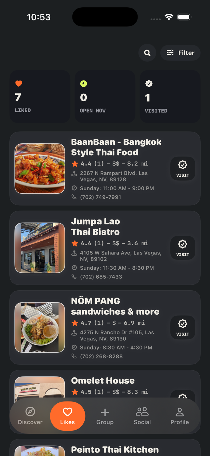 CraveBite Likes showing a searchable list of saved restaurants